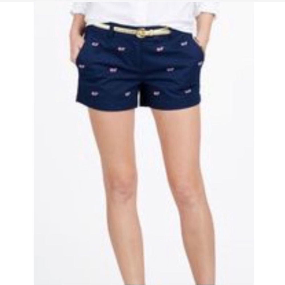 British Khaki Shorts Blue with Pink Fish Print.